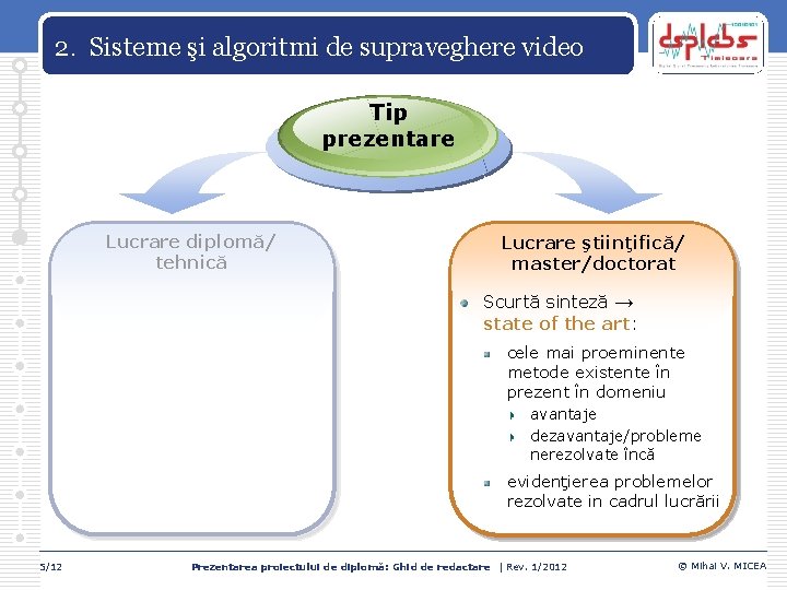 2. Sisteme şi algoritmi de supraveghere video Tip prezentare Lucrare diplomă/ tehnică Lucrare ştiinţifică/