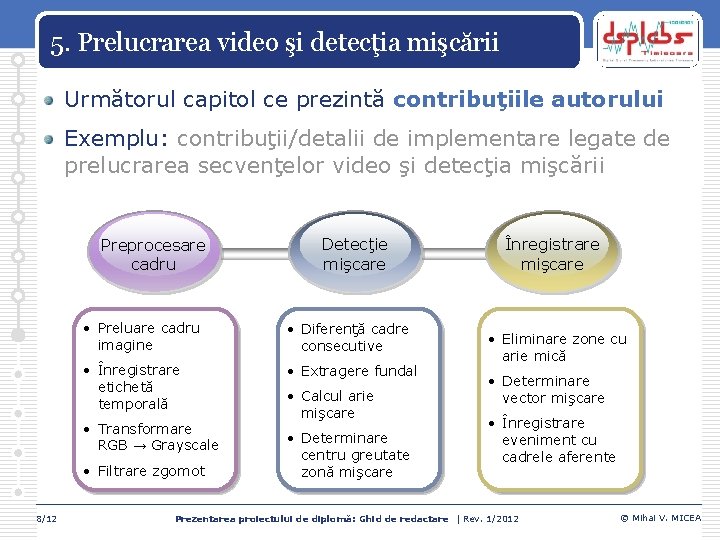 5. Prelucrarea video şi detecţia mişcării Următorul capitol ce prezintă contribuţiile autorului Exemplu: contribuţii/detalii