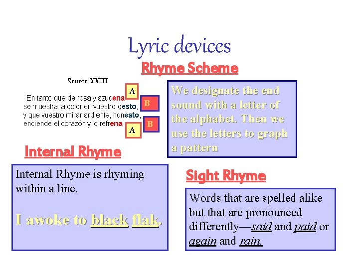 Lyric devices Rhyme Scheme A B Internal Rhyme is rhyming within a line. I
