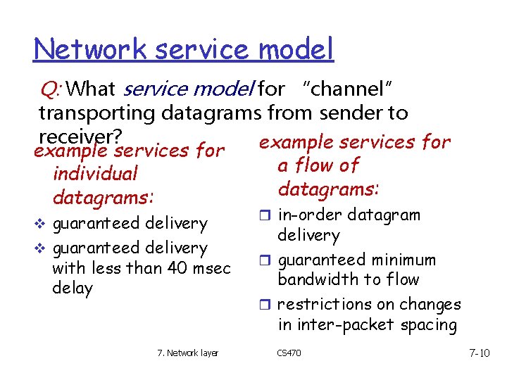 Network service model Q: What service model for “channel” transporting datagrams from sender to Network service model Q: What service model for “channel” transporting datagrams from sender to