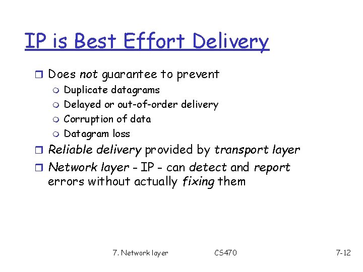 IP is Best Effort Delivery r Does not guarantee to prevent m Duplicate datagrams IP is Best Effort Delivery r Does not guarantee to prevent m Duplicate datagrams