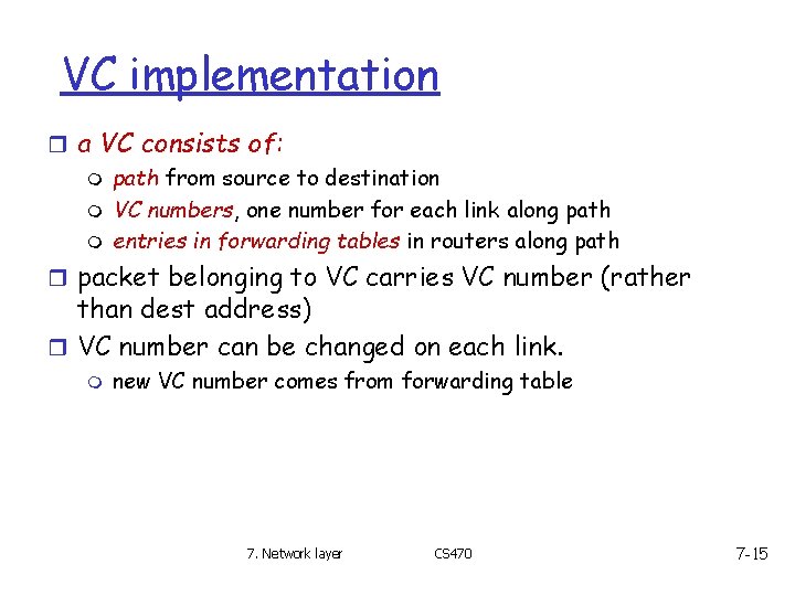 VC implementation r a VC consists of: m path from source to destination m VC implementation r a VC consists of: m path from source to destination m