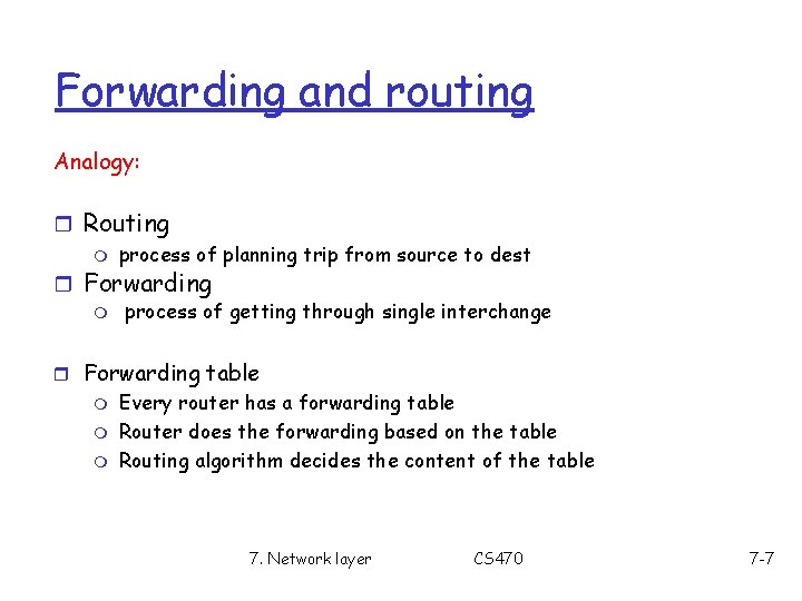 Forwarding and routing Analogy: r Routing m process of planning trip from source to Forwarding and routing Analogy: r Routing m process of planning trip from source to