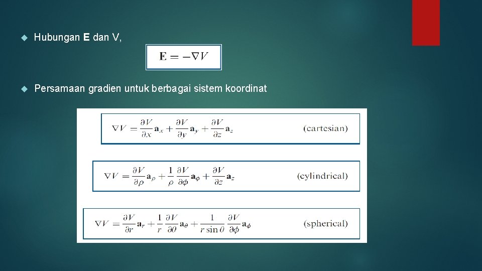  Hubungan E dan V, Persamaan gradien untuk berbagai sistem koordinat 