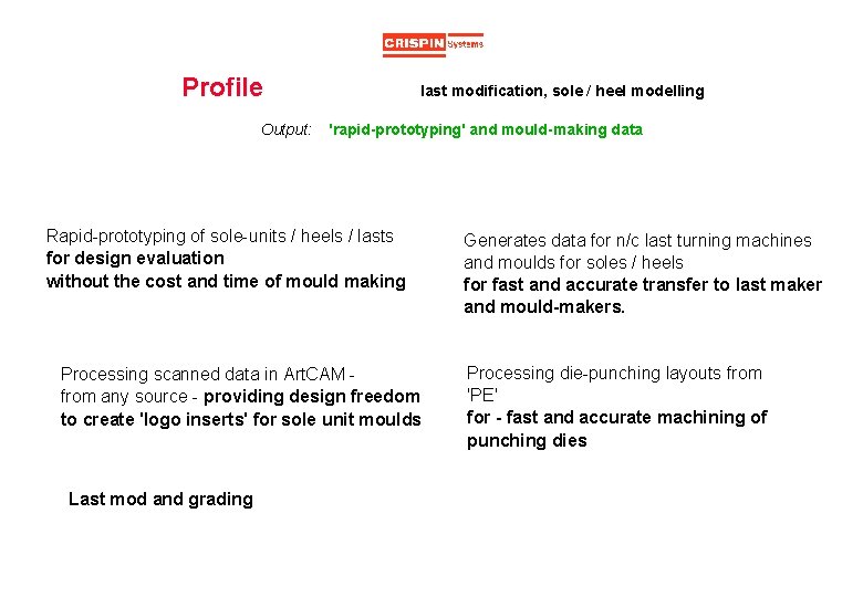 Profile Output: last modification, sole / heel modelling 'rapid-prototyping' and mould-making data Rapid-prototyping of