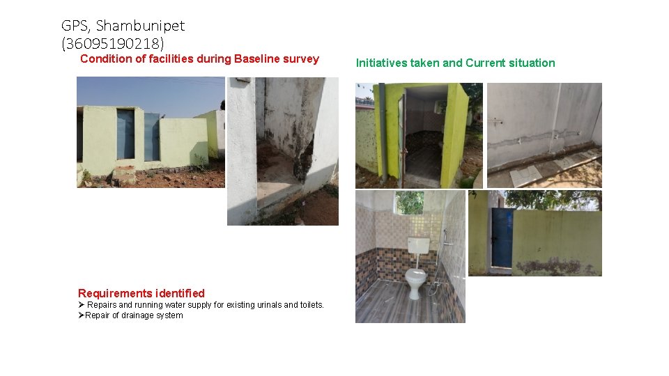 GPS, Shambunipet (36095190218) Condition of facilities during Baseline survey Requirements identified Ø Repairs and
