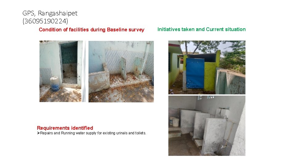 GPS, Rangashaipet (36095190224) Condition of facilities during Baseline survey Requirements identified ØRepairs and Running