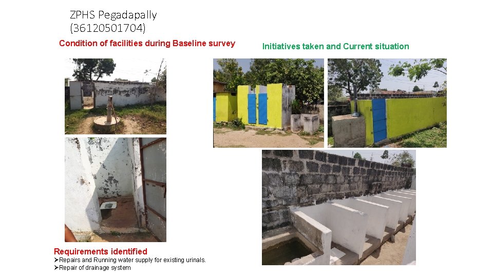 ZPHS Pegadapally (36120501704) Condition of facilities during Baseline survey Requirements identified ØRepairs and Running