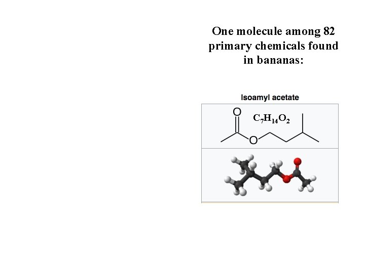 One molecule among 82 primary chemicals found in bananas: C 7 H 14 O One molecule among 82 primary chemicals found in bananas: C 7 H 14 O