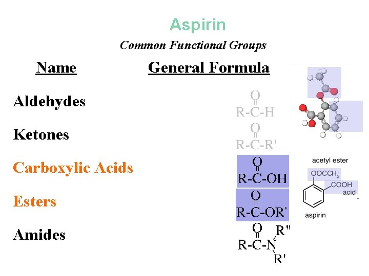 Aspirin Common Functional Groups Name General Formula Aldehydes Ketones Carboxylic Acids Esters Amides Aspirin Common Functional Groups Name General Formula Aldehydes Ketones Carboxylic Acids Esters Amides