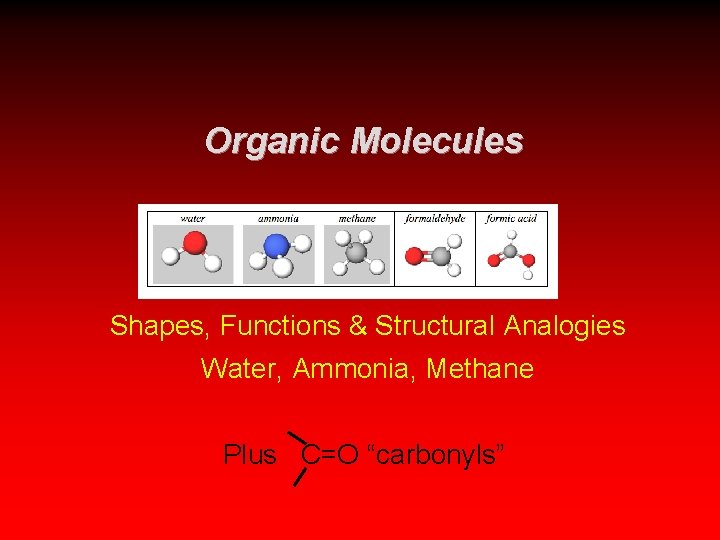 Organic Molecules Shapes, Functions & Structural Analogies Water, Ammonia, Methane Plus C=O “carbonyls” Organic Molecules Shapes, Functions & Structural Analogies Water, Ammonia, Methane Plus C=O “carbonyls”