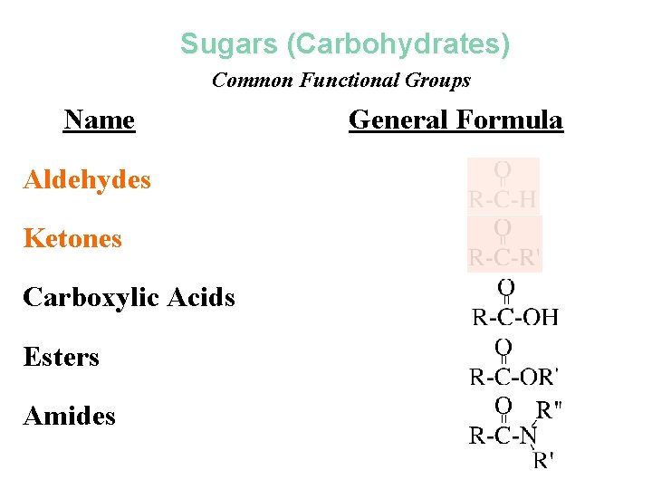 Sugars (Carbohydrates) Common Functional Groups Name Aldehydes Ketones Carboxylic Acids Esters Amides General Formula Sugars (Carbohydrates) Common Functional Groups Name Aldehydes Ketones Carboxylic Acids Esters Amides General Formula