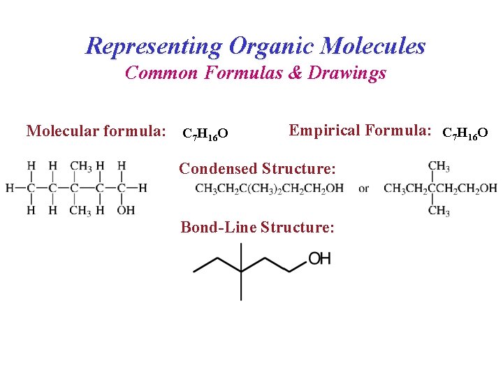 Representing Organic Molecules Common Formulas & Drawings Molecular formula: C 7 H 16 O Representing Organic Molecules Common Formulas & Drawings Molecular formula: C 7 H 16 O
