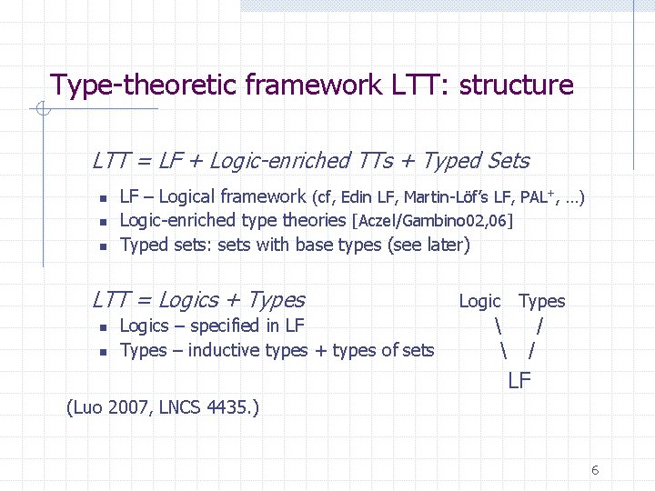 Type-theoretic framework LTT: structure LTT = LF + Logic-enriched TTs + Typed Sets n