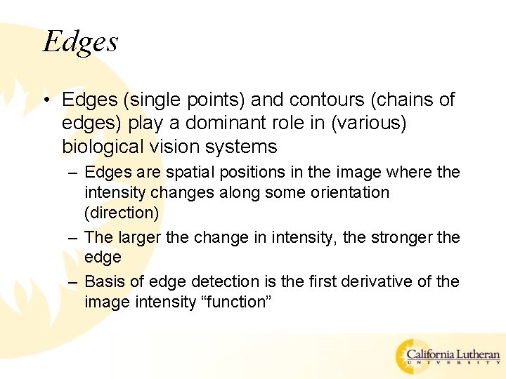 Edges • Edges (single points) and contours (chains of edges) play a dominant role