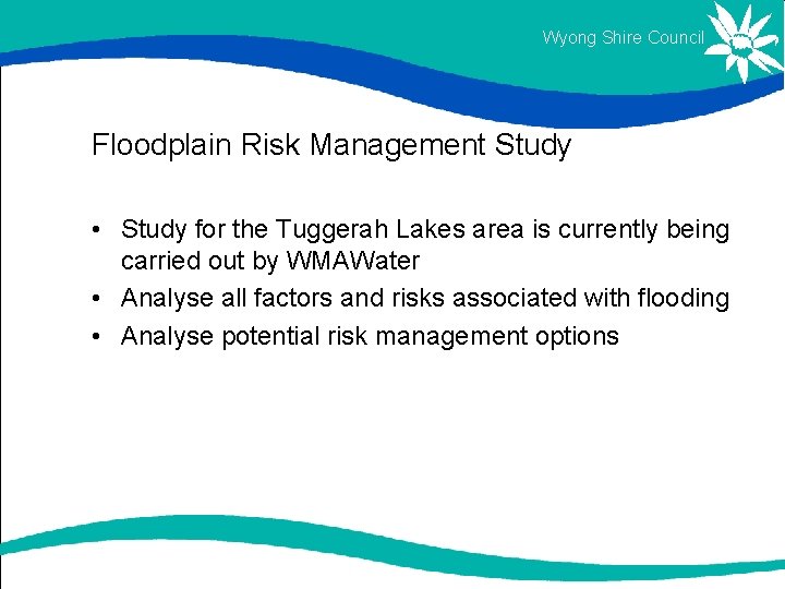 Wyong Shire Council Floodplain Risk Management Study • Study for the Tuggerah Lakes area Wyong Shire Council Floodplain Risk Management Study • Study for the Tuggerah Lakes area