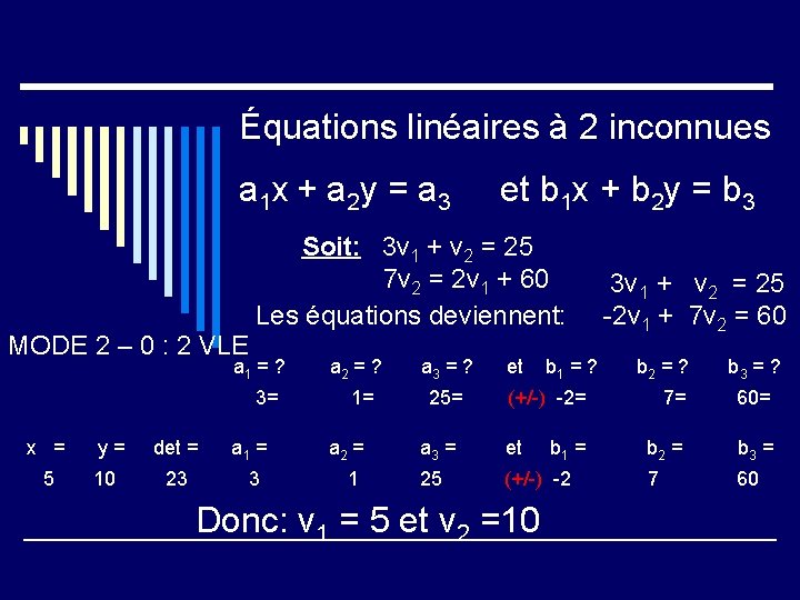 Équations linéaires à 2 inconnues a 1 x + a 2 y = a