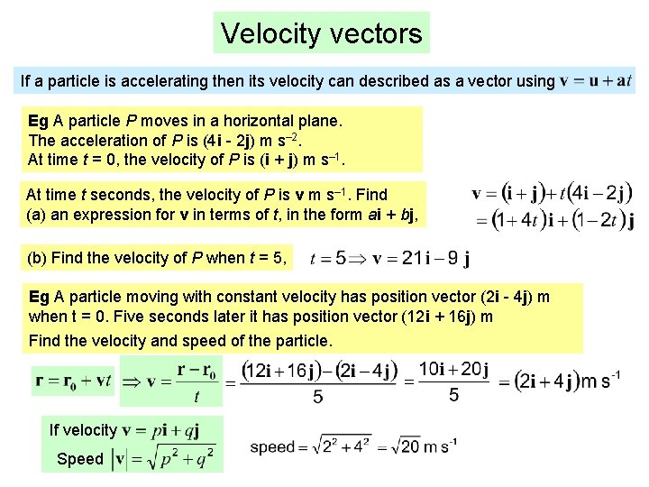 Velocity vectors If a particle is accelerating then its velocity can described as a