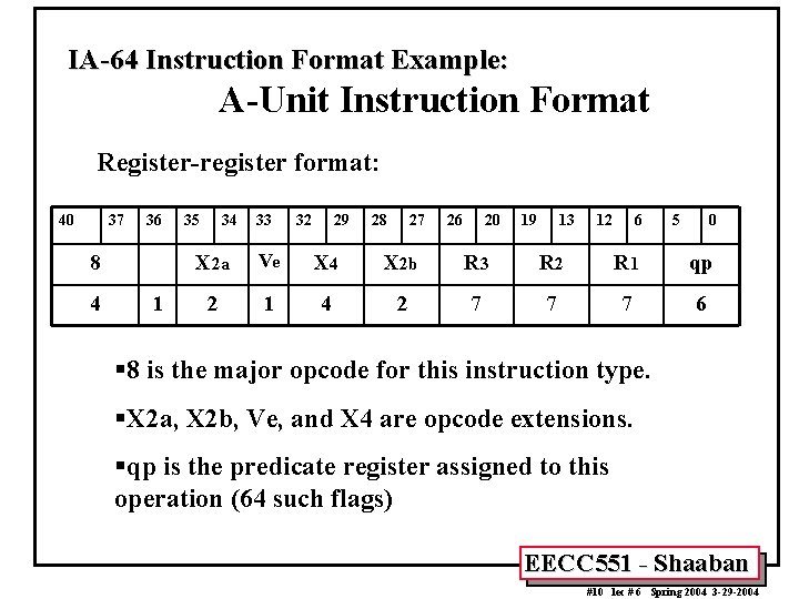 IA-64 Instruction Format Example: A-Unit Instruction Format Register-register format: 40 37 36 8 4