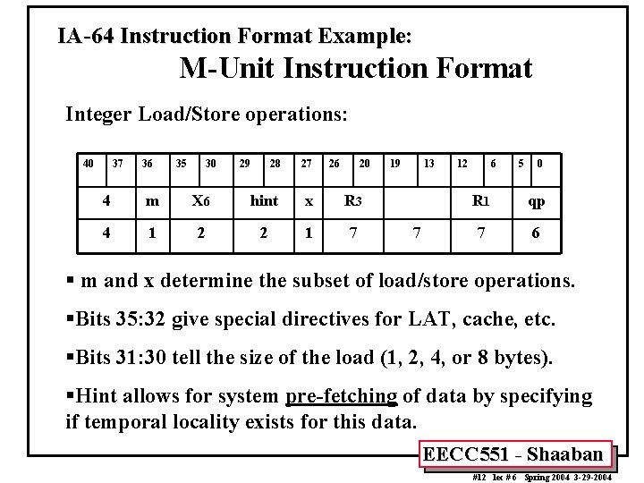 IA-64 Instruction Format Example: M-Unit Instruction Format Integer Load/Store operations: 40 37 36 35
