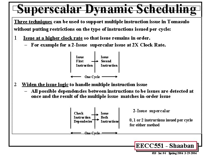 Superscalar Dynamic Scheduling Three techniques can be used to support multiple instruction issue in