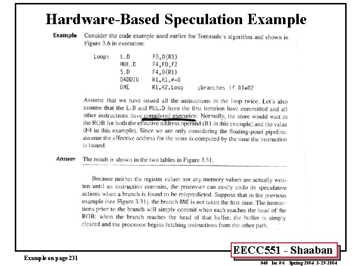 Hardware-Based Speculation Example on page 231 EECC 551 - Shaaban #40 lec # 6