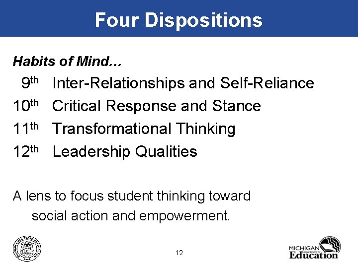 Four Dispositions Habits of Mind… 9 th 10 th 11 th 12 th Inter-Relationships