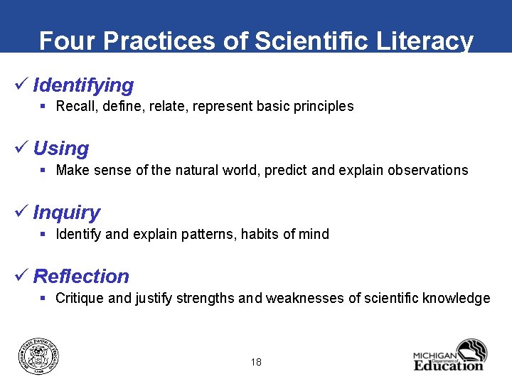 Four Practices of Scientific Literacy ü Identifying § Recall, define, relate, represent basic principles