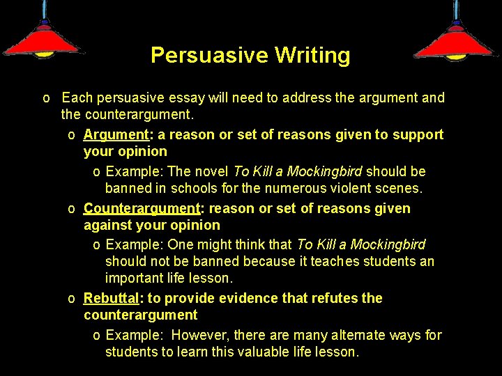 Persuasive Writing o Each persuasive essay will need to address the argument and the
