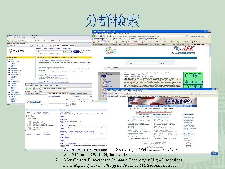 分群檢索 1. 2. Walter Warnick, Problems of Searching in Web Databases. Science. Vol. 316.