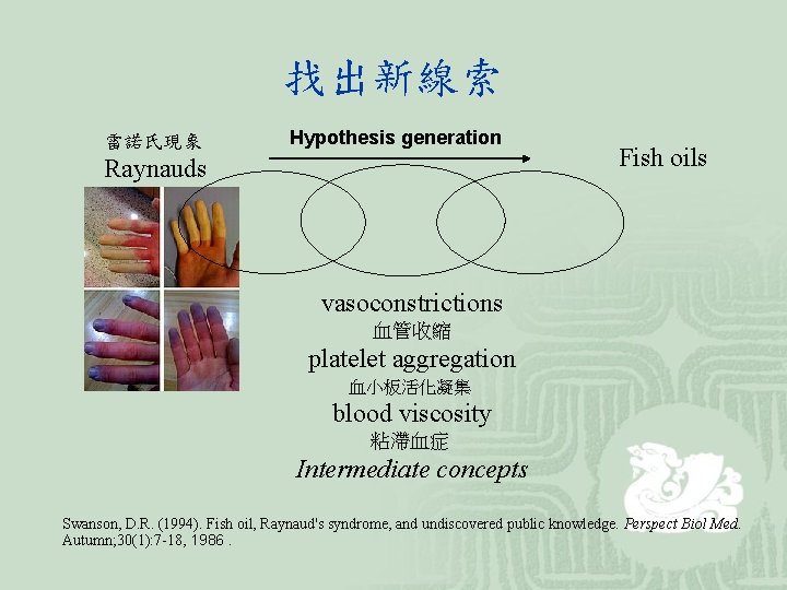 找出新線索 雷諾氏現象 Hypothesis generation Raynauds Fish oils vasoconstrictions 血管收縮 platelet aggregation 血小板活化凝集 blood viscosity