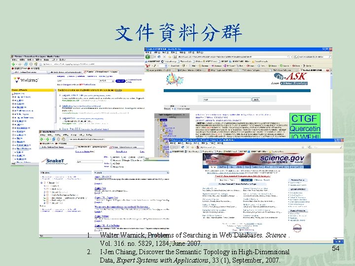 文件資料分群 1. 2. Walter Warnick, Problems of Searching in Web Databases. Science. Vol. 316.