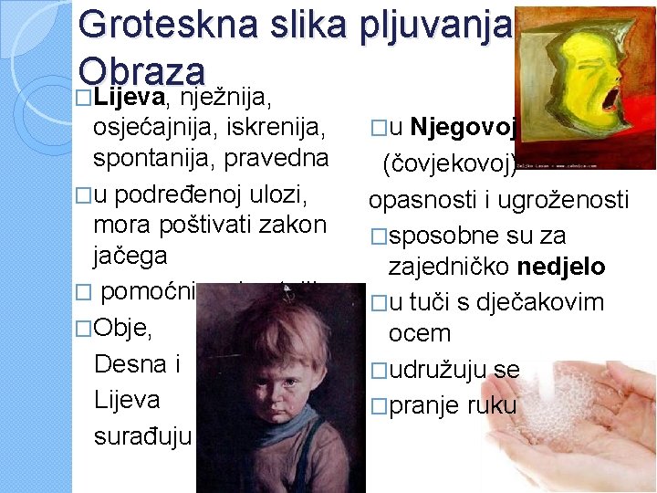 Groteskna slika pljuvanja Obraza �Lijeva, nježnija, osjećajnija, iskrenija, spontanija, pravedna �u podređenoj ulozi, mora