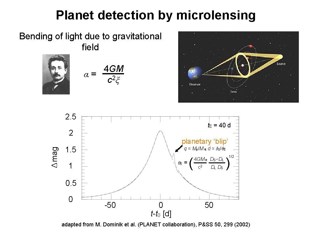 Planet detection by microlensing Bending of light due to gravitational field 4 GM α=