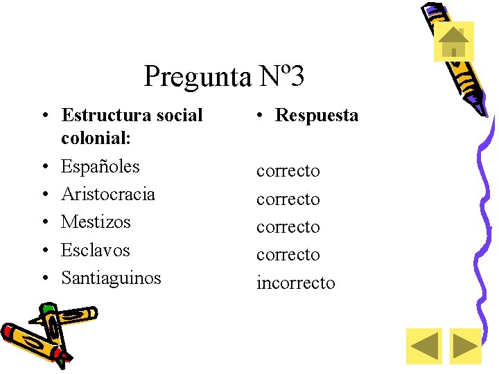 Pregunta Nº 3 • Estructura social colonial: • Españoles • Aristocracia • Mestizos •