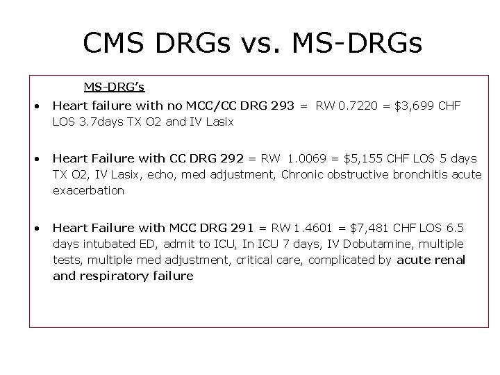 CMS DRGs vs. MS-DRGs MS-DRG’s • Heart failure with no MCC/CC DRG 293 =