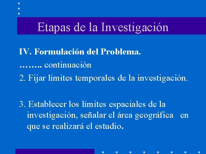 Etapas de la Investigación IV. Formulación del Problema. ……. . continuación 2. Fijar límites