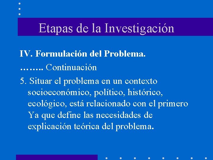 Etapas de la Investigación IV. Formulación del Problema. ……. . Continuación 5. Situar el