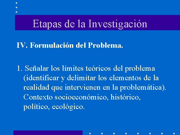 Etapas de la Investigación IV. Formulación del Problema. 1. Señalar los límites teóricos del