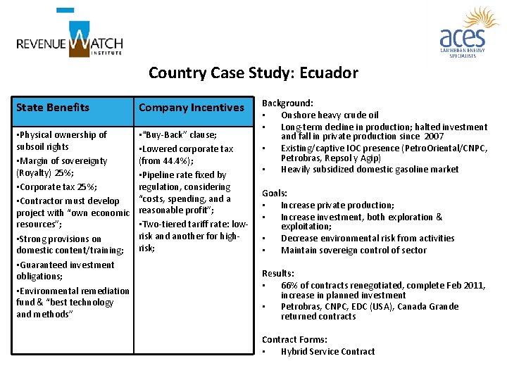 Country Case Study: Ecuador State Benefits Company Incentives • Physical ownership of subsoil rights