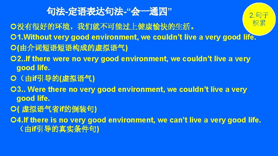 句法-定语表达句法-“会一通四” 2. 句子 积累 没有很好的环境，我们就不可能过上健康愉快的生活。 1. Without very good environment, we couldn’t live a