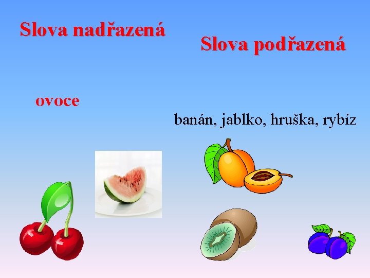 Slova nadřazená Slova podřazená ovoce banán, jablko, hruška, rybíz 