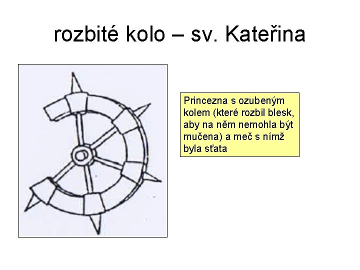 rozbité kolo – sv. Kateřina Princezna s ozubeným kolem (které rozbil blesk, aby na