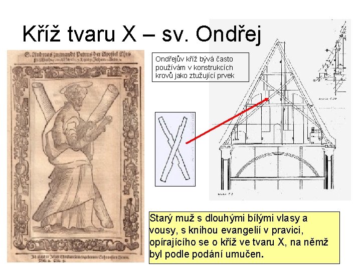 Kříž tvaru X – sv. Ondřejův kříž bývá často používám v konstrukcích krovů jako