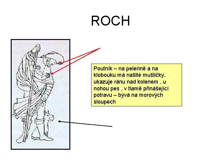 ROCH Poutník – na pelerině a na klobouku má našité mušličky, ukazuje ránu nad