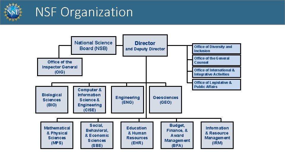 NSF Organization National Science Board (NSB) Director and Deputy Director Office of the General