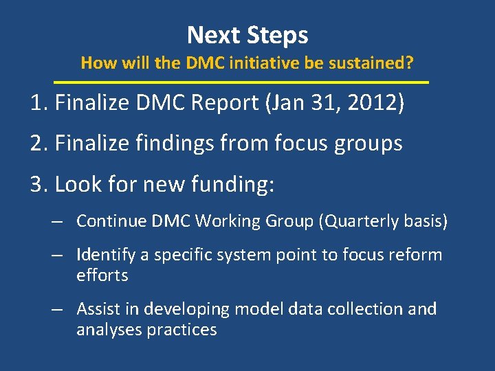Next Steps How will the DMC initiative be sustained? 1. Finalize DMC Report (Jan