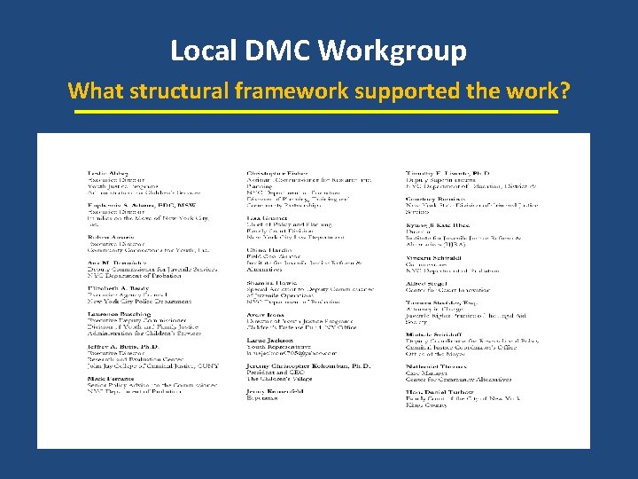 Local DMC Workgroup What structural framework supported the work? 