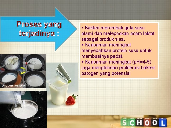 Proses yang terjadinya : § Bakteri merombak gula susu alami dan melepaskan asam laktat