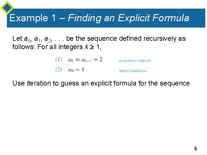 Example 1 – Finding an Explicit Formula Let a 0, a 1, a 2, Example 1 – Finding an Explicit Formula Let a 0, a 1, a 2,